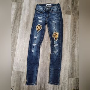 Kancan Trendy Distressed Skinny Jeans with Leopard Accents